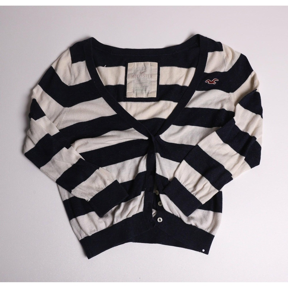 Vintage Y2K Hollister Navy White Striped V-Neck Button Front Cardigan Size L